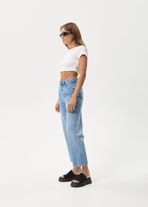 Afends Shelby - Denim Cropped Straight Leg Jean Worn Blue