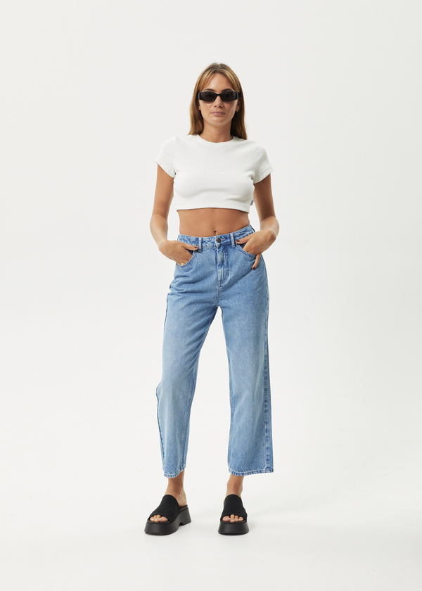 afends Shelby - Denim Cropped Straight Leg Jean Worn Blue