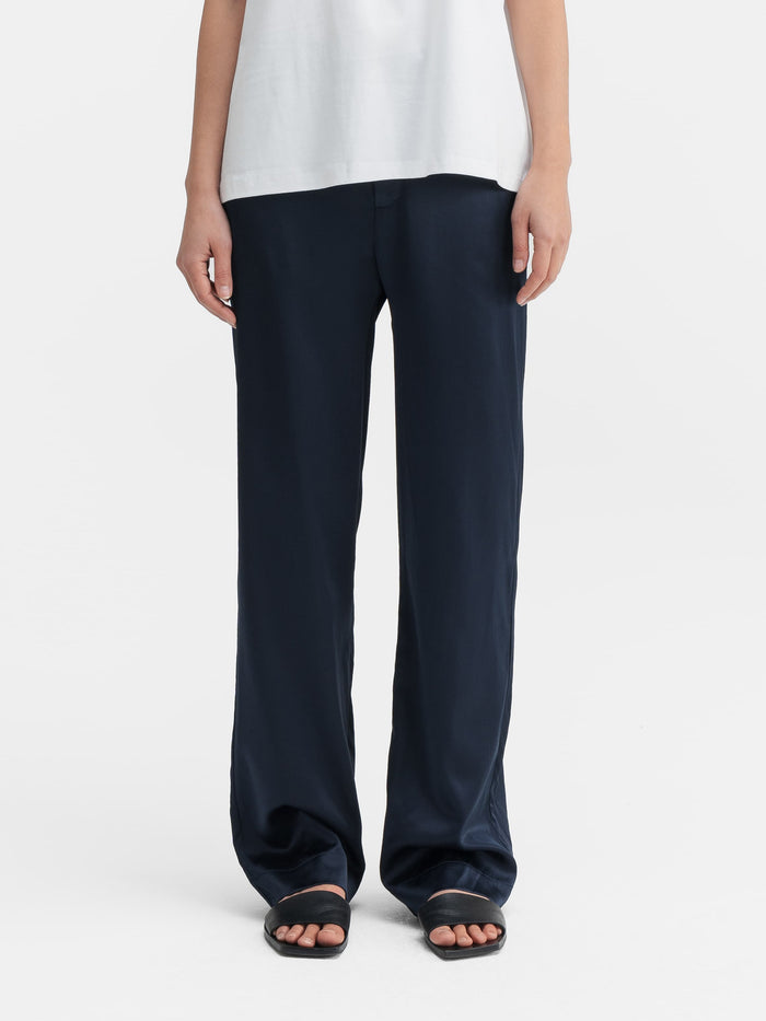 ahlvar Ava satin silk trousers midnight blue