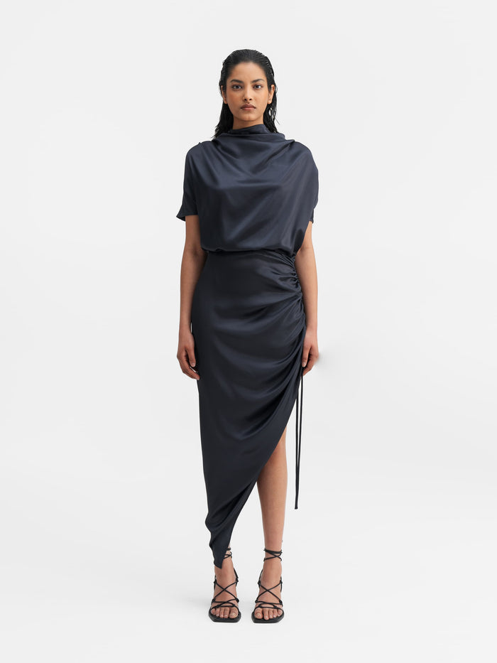 ahlvar Haley satin dress blue grey
