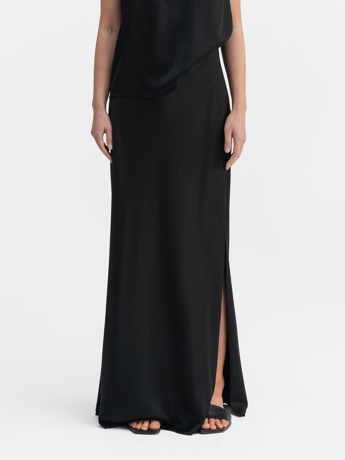 ahlvar Hana long logo satin skirt black