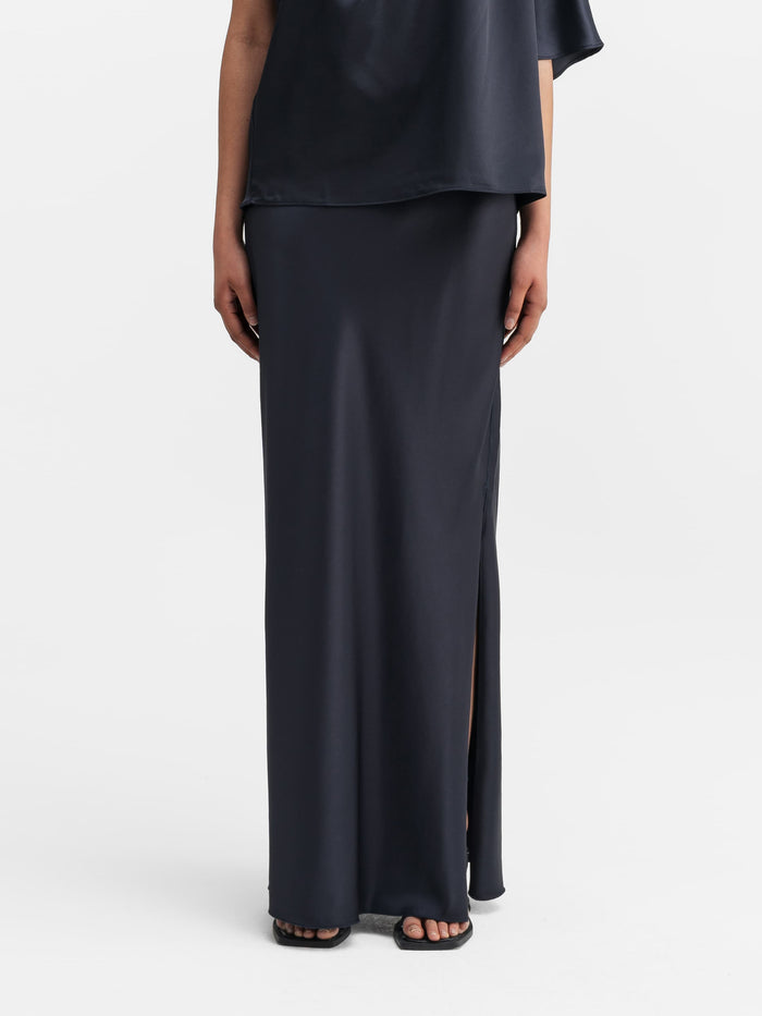 ahlvar Hana long logo satin skirt blue grey