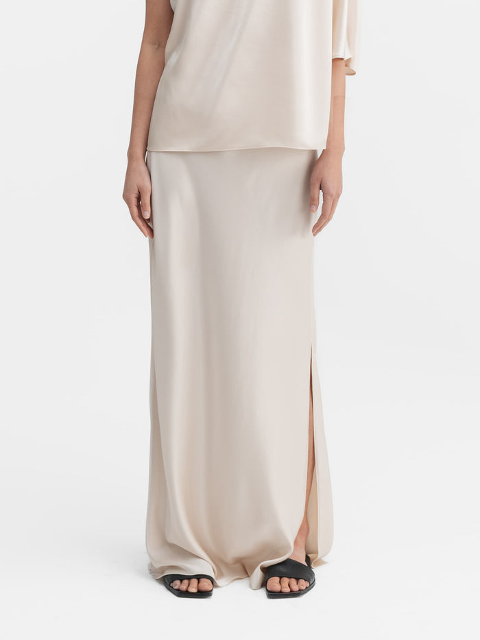 Ahlvar Hana Long Logo Satin Skirt Cream