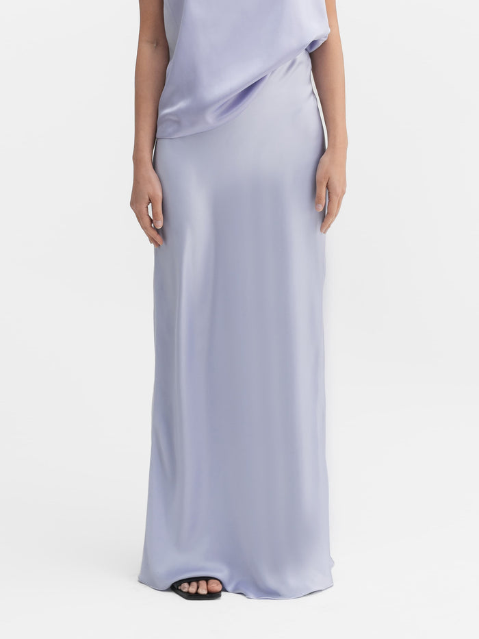 ahlvar Hana long logo satin skirt lavender