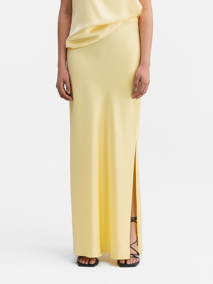 Ahlvar Hana Long Logo Satin Skirt Light Yellow
