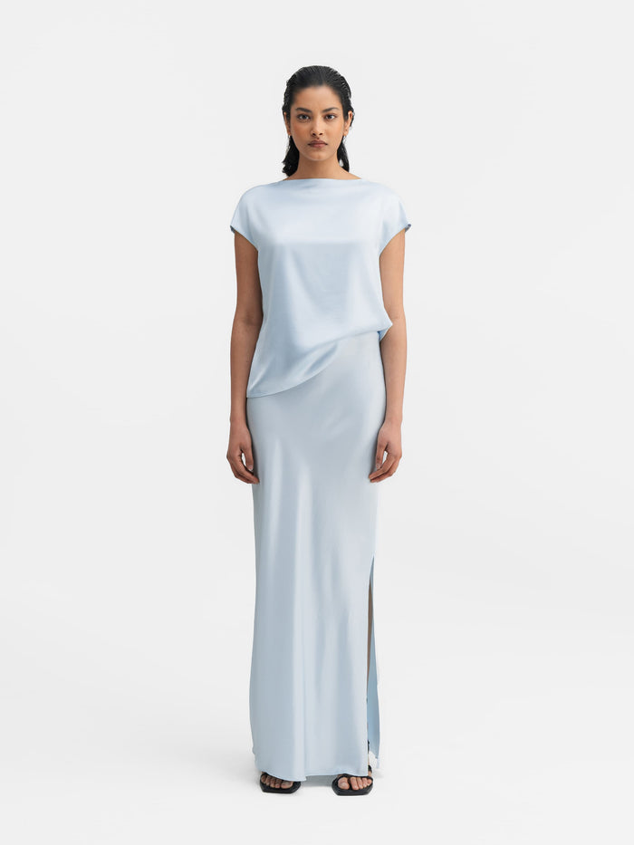 Ahlvar Hana Long Logo Satin Skirt Sky Blue