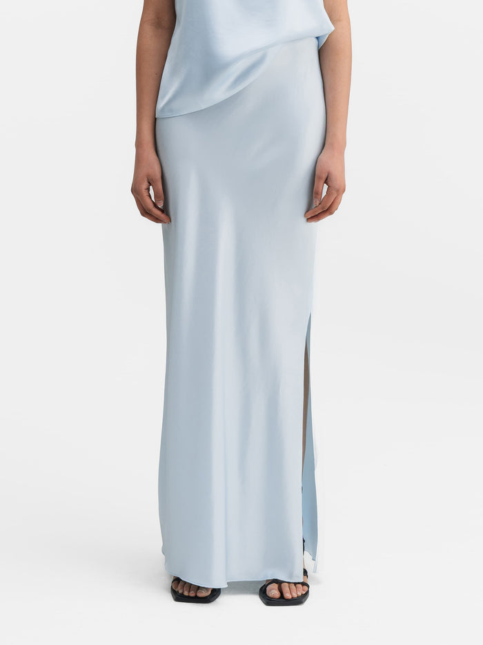 ahlvar Hana long logo satin skirt sky blue