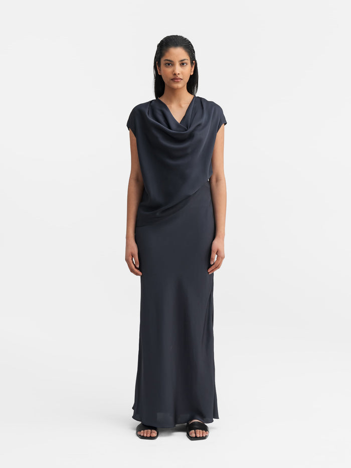 Ahlvar Hana Long Silk Skirt Blue Grey