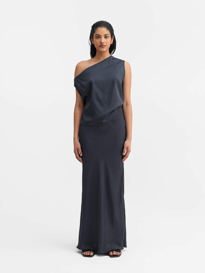 ahlvar Hana long silk skirt blue grey