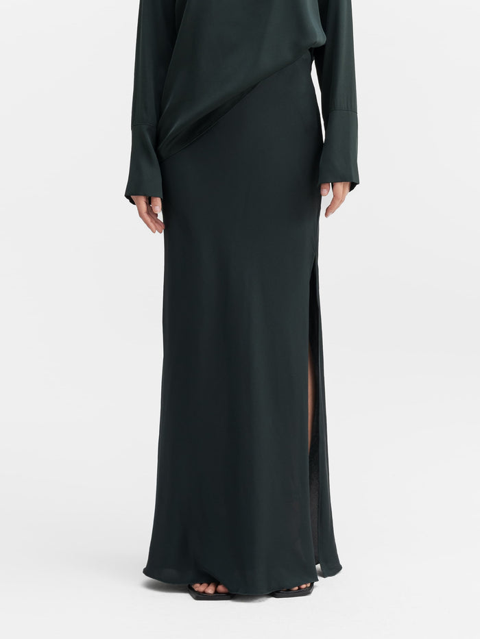 ahlvar Hana long silk skirt deep forest