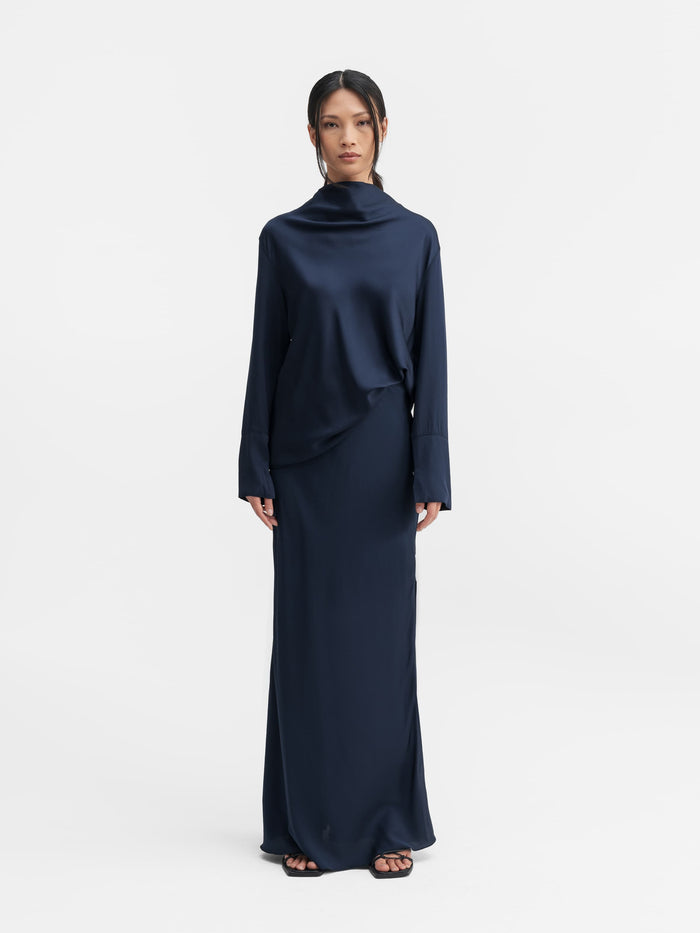 Ahlvar Hana Long Silk Skirt Midnight Blue