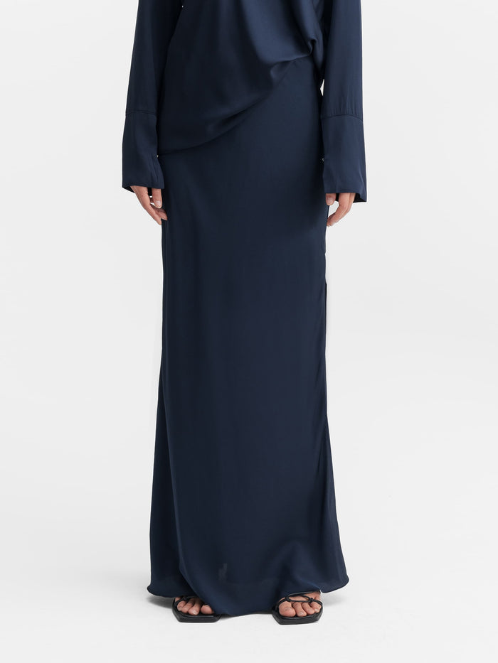 ahlvar Hana long silk skirt midnight blue