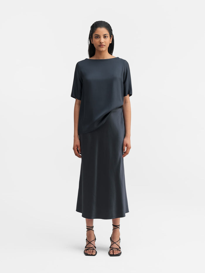 Ahlvar Hana Satin Silk Skirt Blue Grey