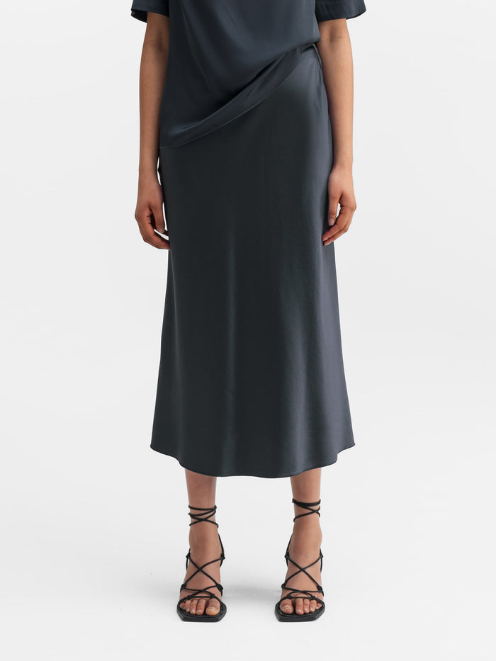 ahlvar Hana satin silk skirt blue grey