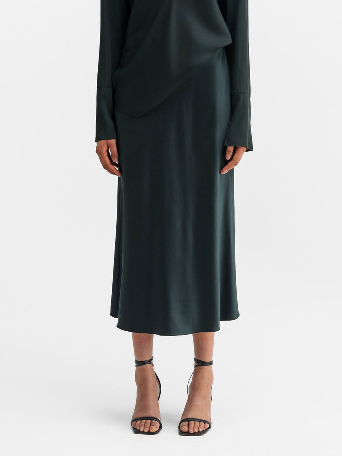 ahlvar Hana satin silk skirt deep forest