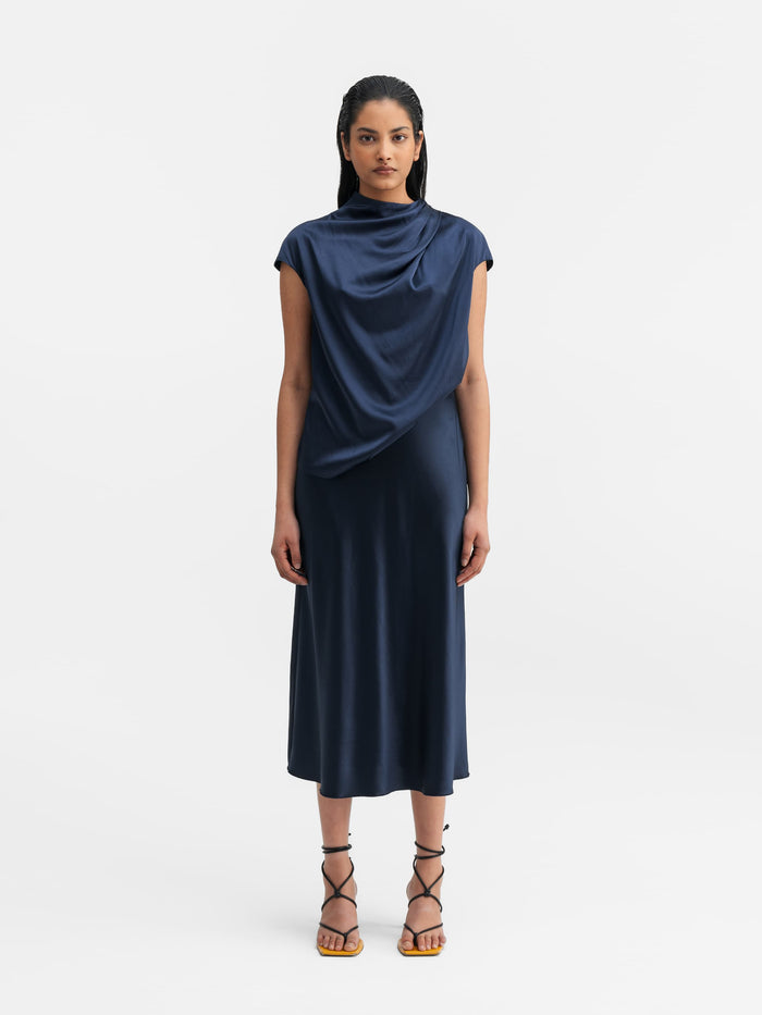 Ahlvar Hana Satin Silk Skirt Midnight Blue