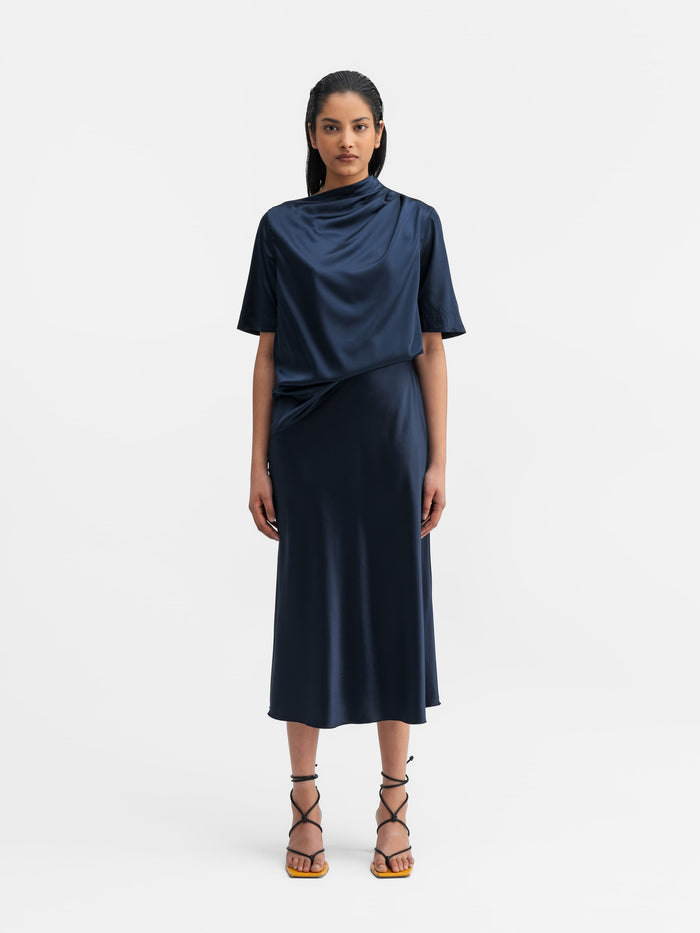 Ahlvar Hana Satin Silk Skirt Midnight Blue