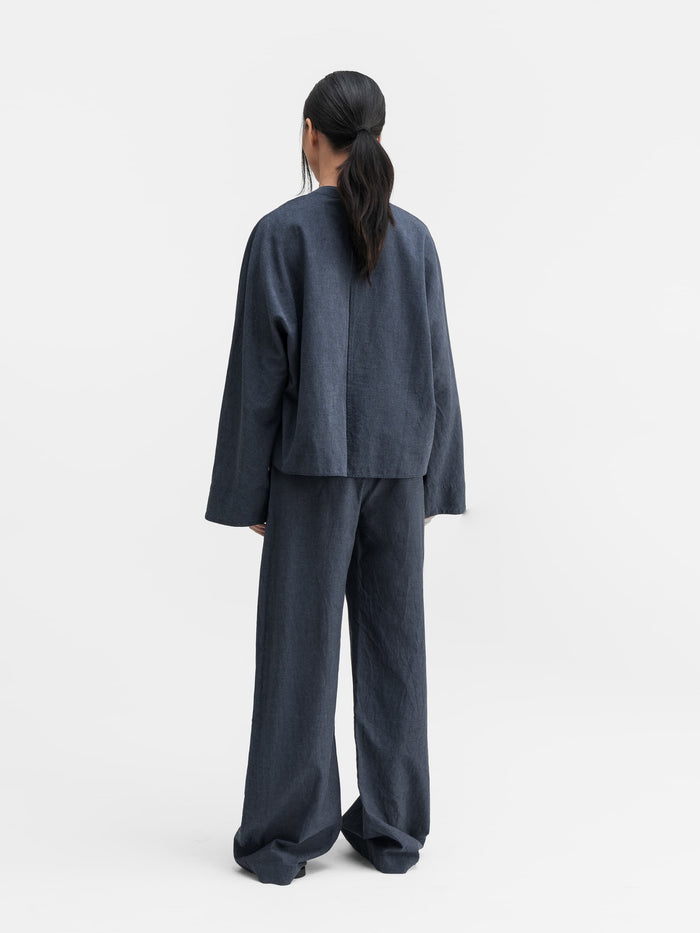 Ahlvar Nina V-neck Linen Blouse Blue Grey