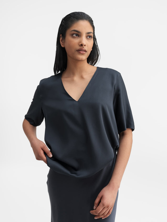 ahlvar Yoli v-neck silk blouse blue grey