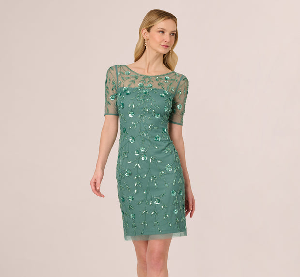 Aidan Mattox 3D Floral Beaded Dress With Sheer Short Sleeves In Green Slate