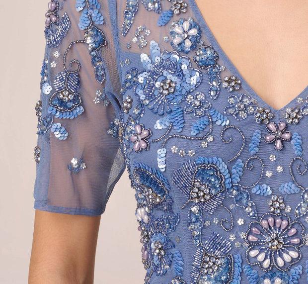 Aidan Mattox 3D Floral Beaded Mermaid Gown With Sheer Short Sleeves In French Blue