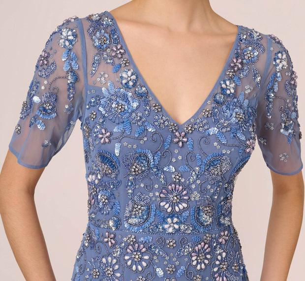 Aidan Mattox 3D Floral Beaded Mermaid Gown With Sheer Short Sleeves In French Blue