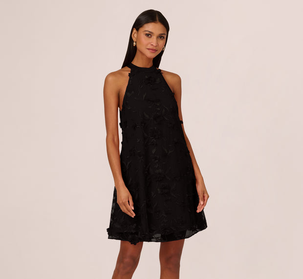 Aidan Mattox 3D Floral Embroidered Trapeze Dress With Open Bow Back In Black