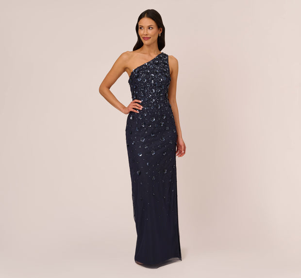 Aidan Mattox 3D Floral Hand-Beaded One-Shoulder Long Column Gown In Dusty Navy