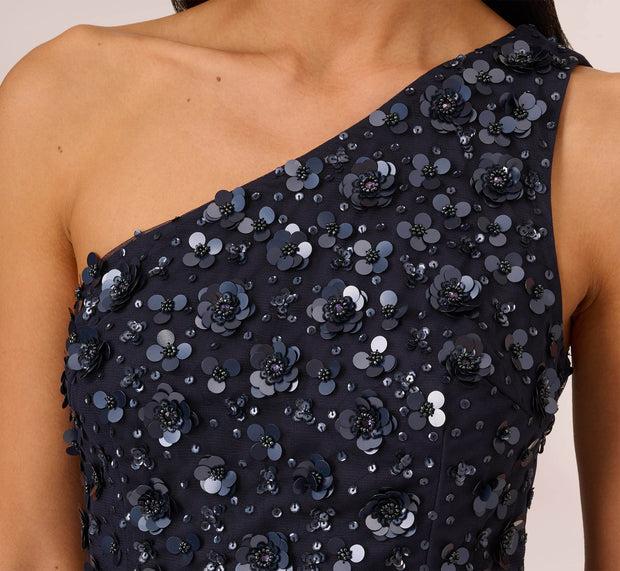 Aidan Mattox 3D Floral Hand-Beaded One-Shoulder Long Column Gown In Dusty Navy