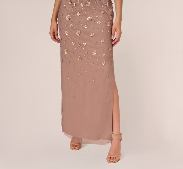 Aidan Mattox 3D Floral Hand-Beaded One-Shoulder Long Column Gown In Stone