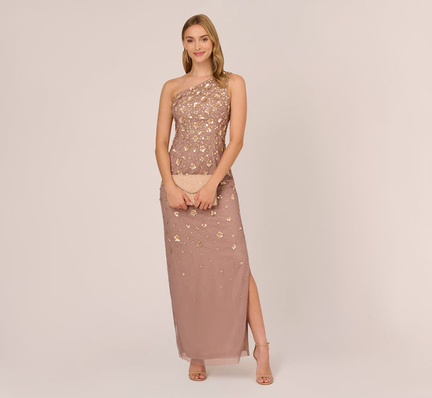 aidan mattox 3D Floral Hand-Beaded One-Shoulder Long Column Gown In Stone