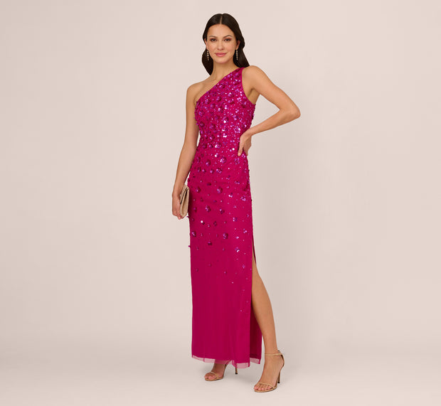 Aidan Mattox 3D Floral Hand-Beaded One-Shoulder Long Column Gown In Hot Orchid