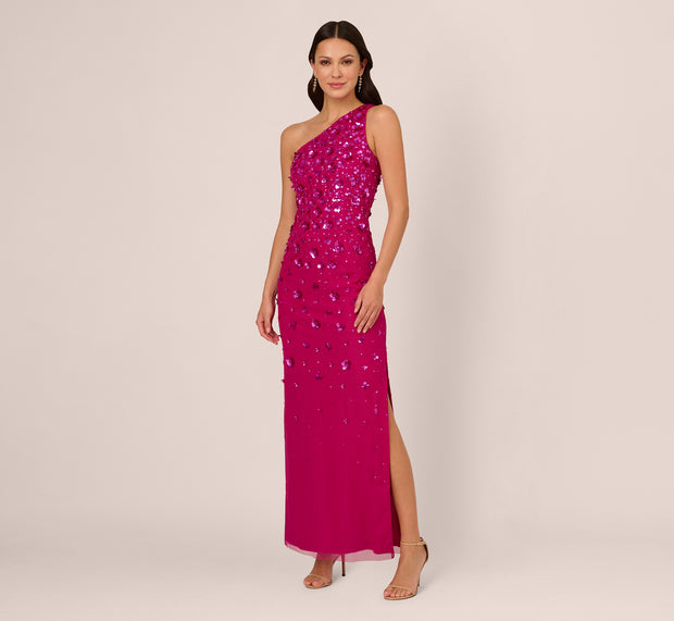 Aidan Mattox 3D Floral Hand-Beaded One-Shoulder Long Column Gown In Hot Orchid