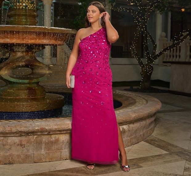 aidan mattox 3D Floral Hand-Beaded One-Shoulder Long Column Gown In Hot Orchid