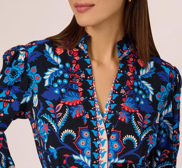 Aidan Mattox Abstract Print Button Down Dress With Three Quarter Bell Sleeves In Na