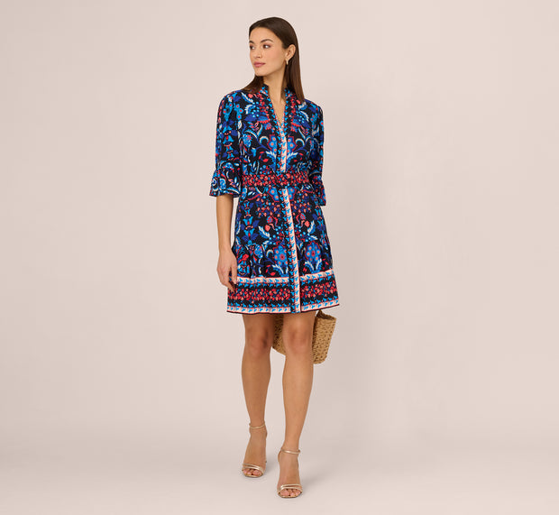 aidan mattox Abstract Print Button Down Dress With Three Quarter Bell Sleeves In Na
