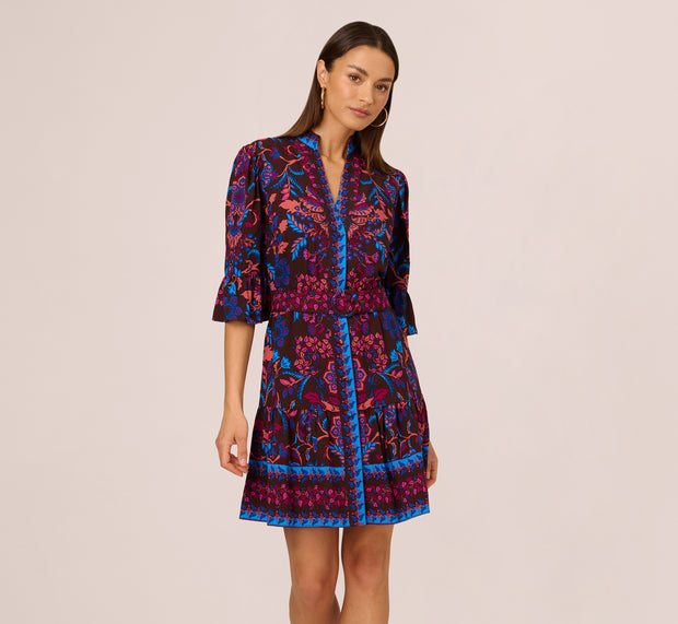 Aidan Mattox Abstract Print Button Down Dress With Three Quarter Bell Sleeves In Br