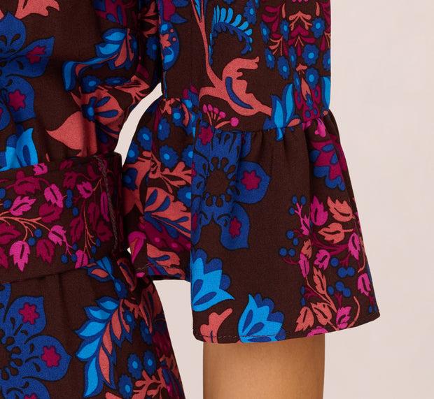 Aidan Mattox Abstract Print Button Down Dress With Three Quarter Bell Sleeves In Br
