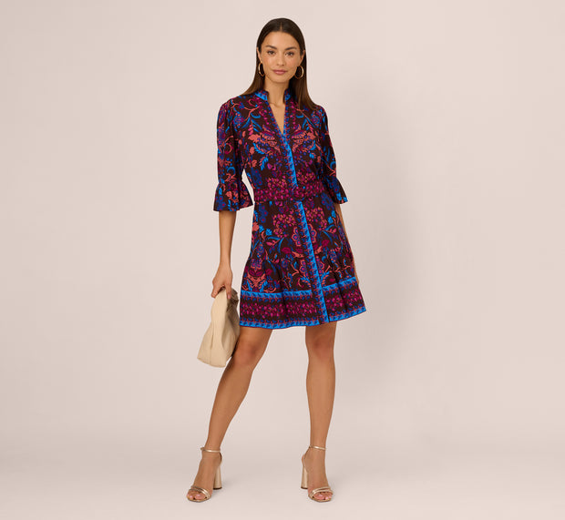 aidan mattox Abstract Print Button Down Dress With Three Quarter Bell Sleeves In Br