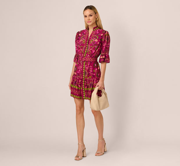 aidan mattox Abstract Print Button Down Dress With Three Quarter Bell Sleeves In Bu
