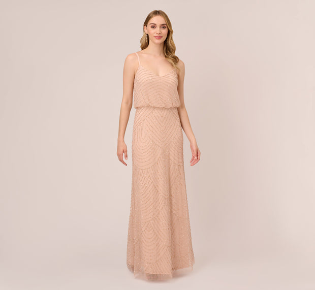 Aidan Mattox Art Deco Beaded Blouson Gown In Blush