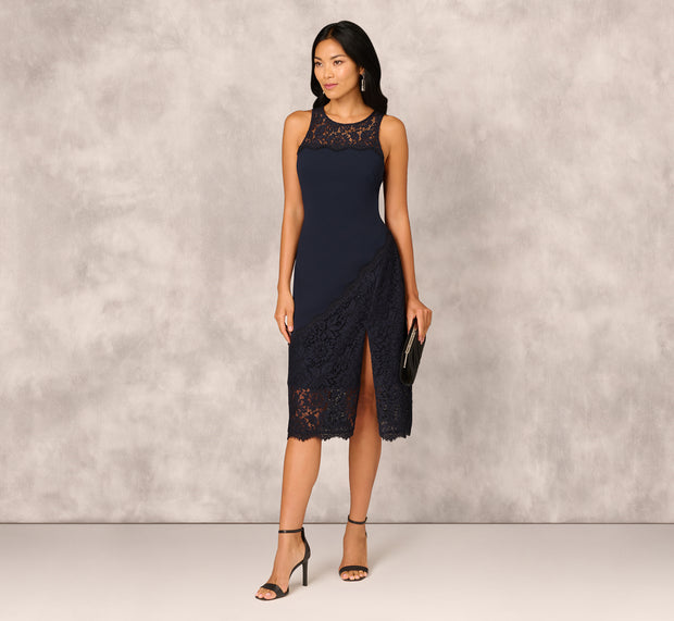 aidan mattox Crepe Lace Midi Dress In Twilight