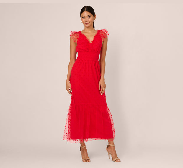 Aidan Mattox Dot Tulle Ruffle Dress In Red