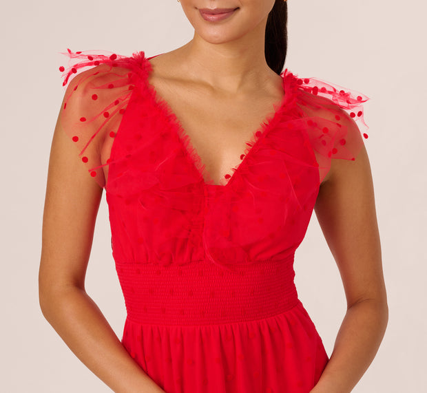 Aidan Mattox Dot Tulle Ruffle Dress In Red