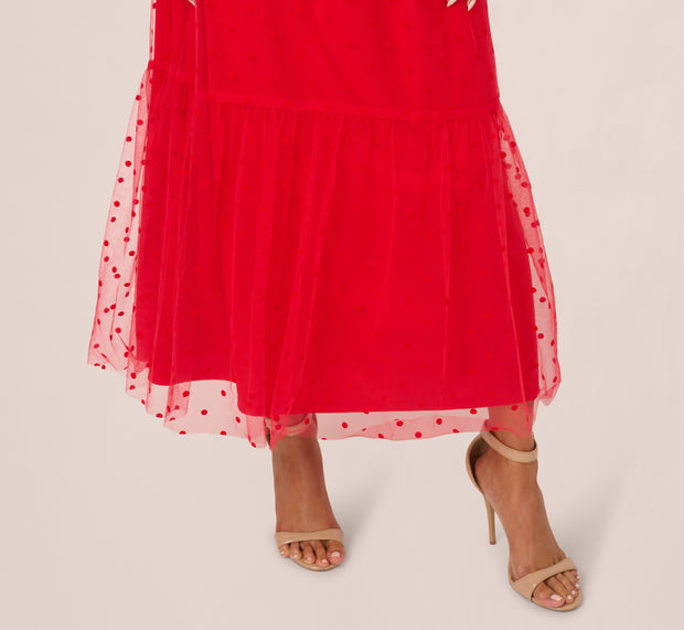 Aidan Mattox Dot Tulle Ruffle Dress In Red