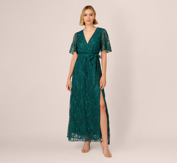Aidan Mattox Embroidered Lace Maxi Dress In Hunter