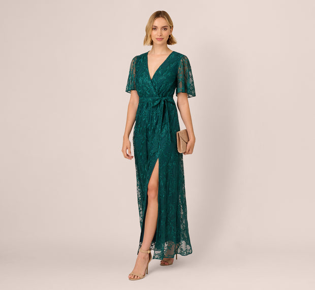 aidan mattox Embroidered Lace Maxi Dress In Hunter