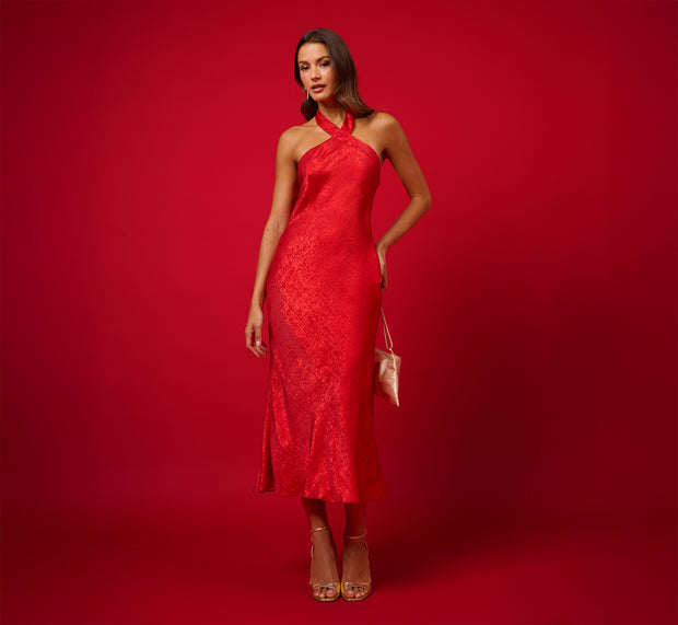 aidan mattox Foil Woven Halter Midi Dress In Red