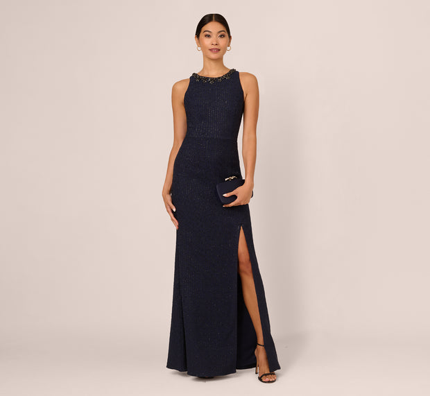 aidan mattox Glitter Boucle Stretch Gown In Navy