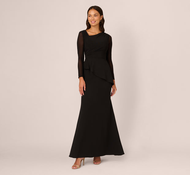 Aidan Mattox Knit Crepe Combo Mesh Gown In Black